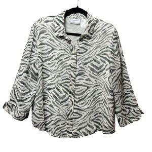 Alfred Dunner Blouse Top Animal Print‎ Button Down 3/4 Sleeve Petite Size 14p